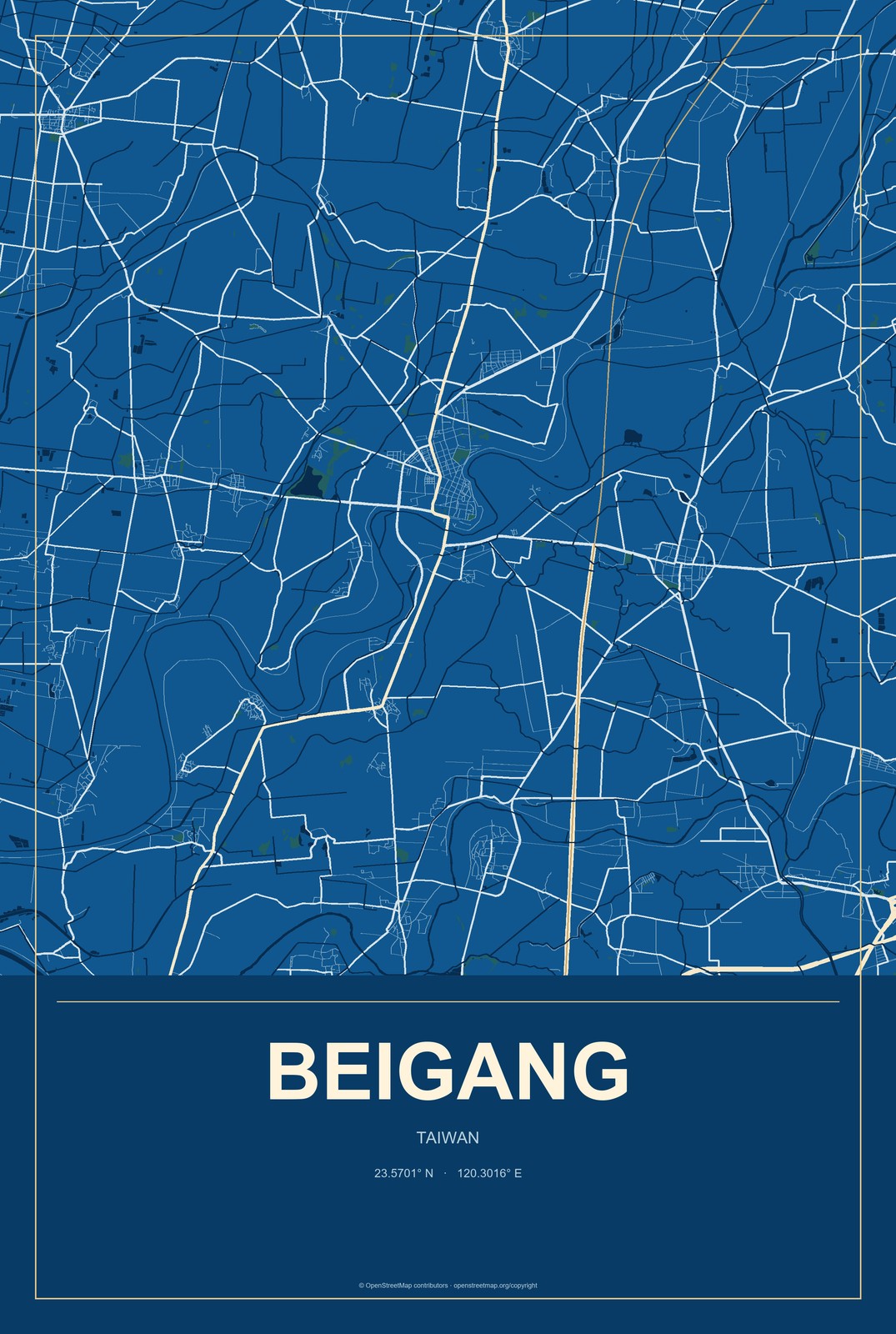 Beigang, Taiwan City Map Aluminum Sign in Harbor Cobalt style