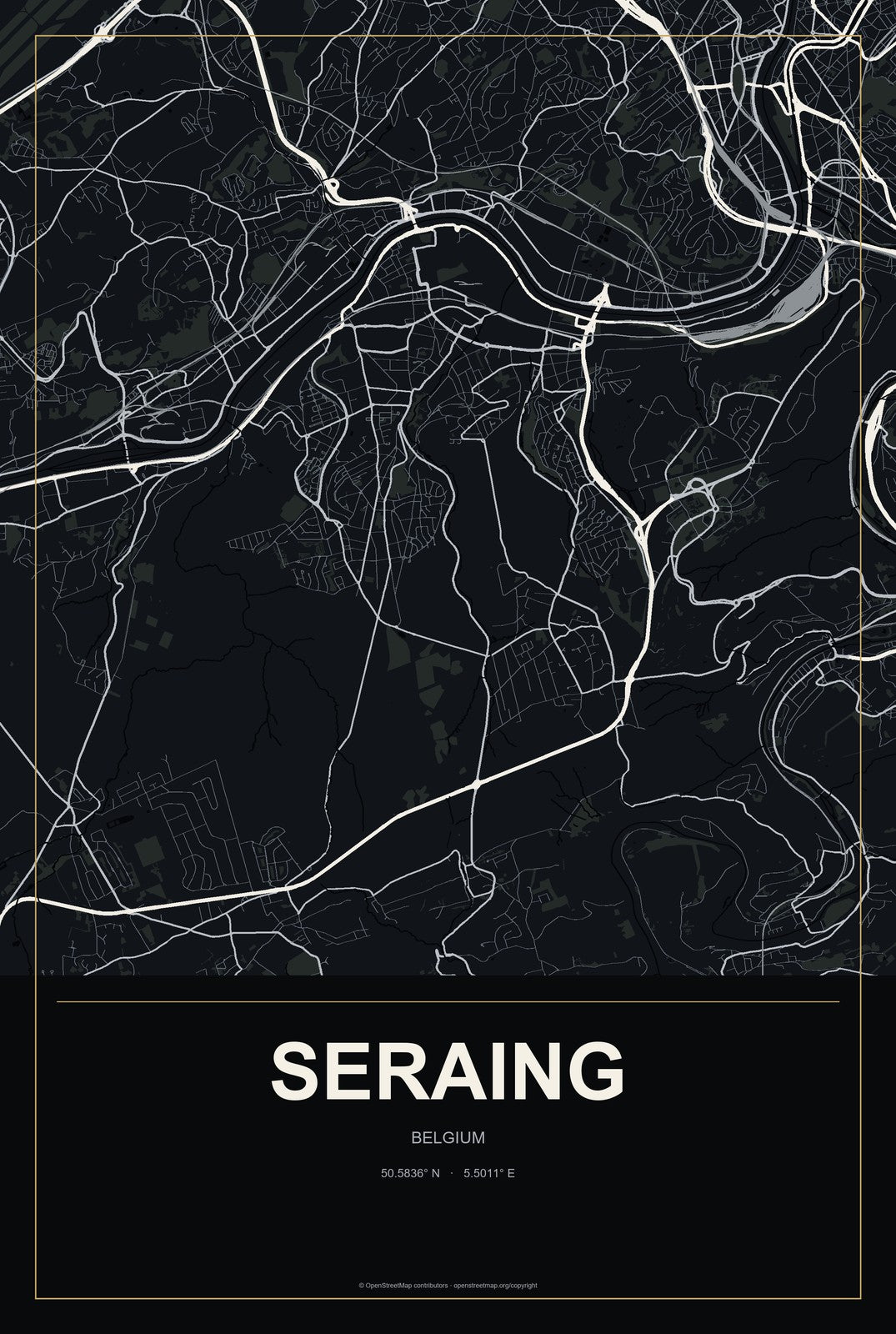 Seraing, Belgium City Map Aluminum Sign in Metropolitan Noir style