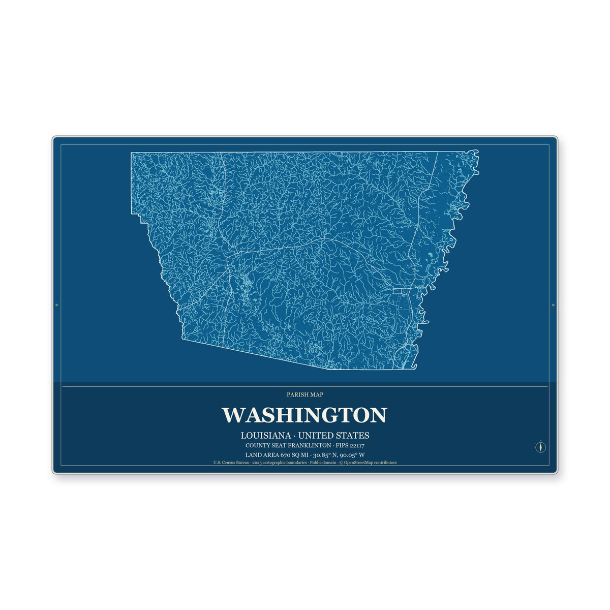 Washington Parish, Louisiana Map Aluminum Sign in Harbor Cobalt style