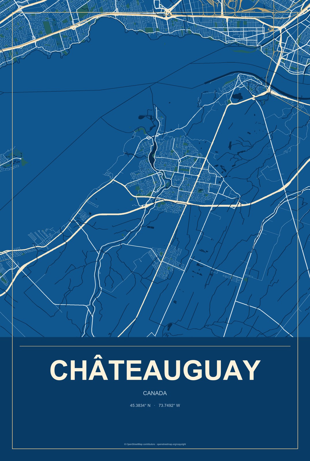 Châteauguay, Canada City Map Aluminum Sign in Harbor Cobalt style