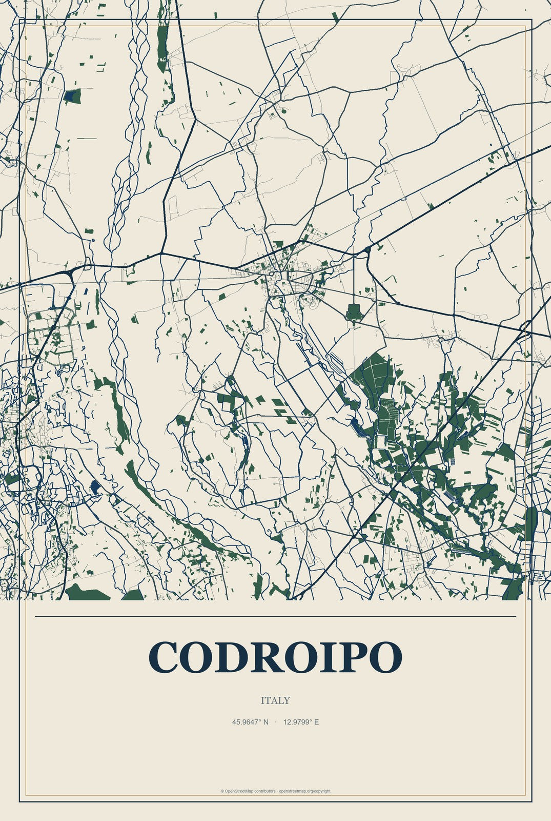 Codroipo, Italy City Map Aluminum Sign in Coastal Cutout style