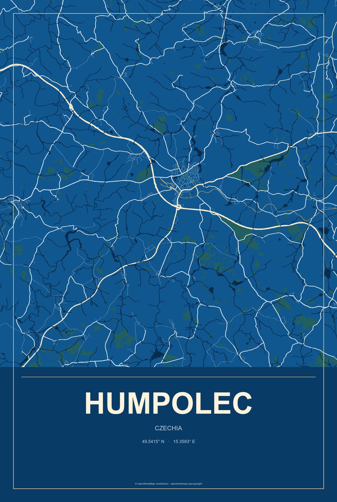 Humpolec, Czechia City Map Aluminum Sign in Harbor Cobalt style