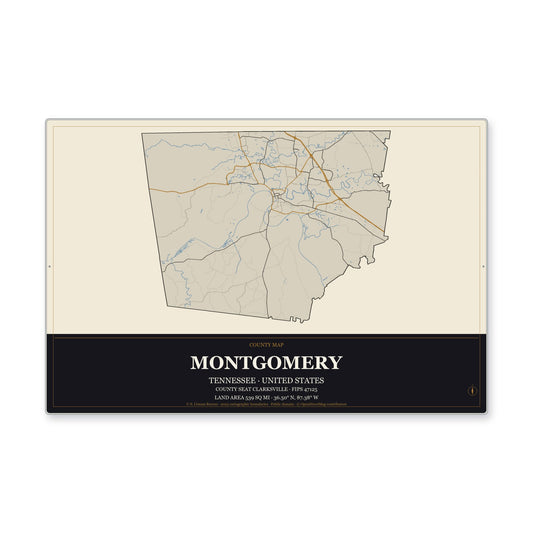 Montgomery County, Tennessee Map Aluminum Sign in Museum Plaque style