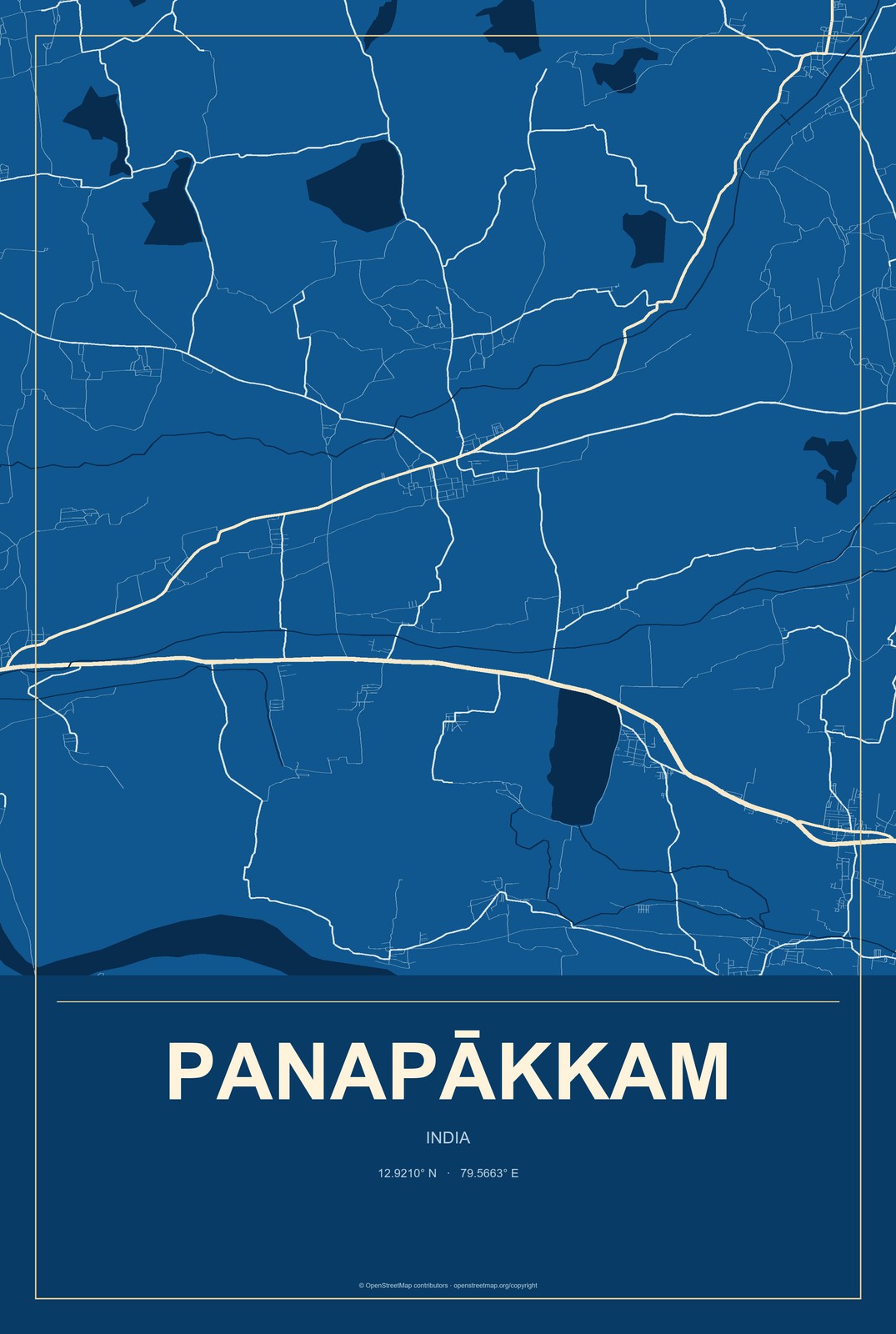 Panapākkam, India City Map Aluminum Sign in Harbor Cobalt style