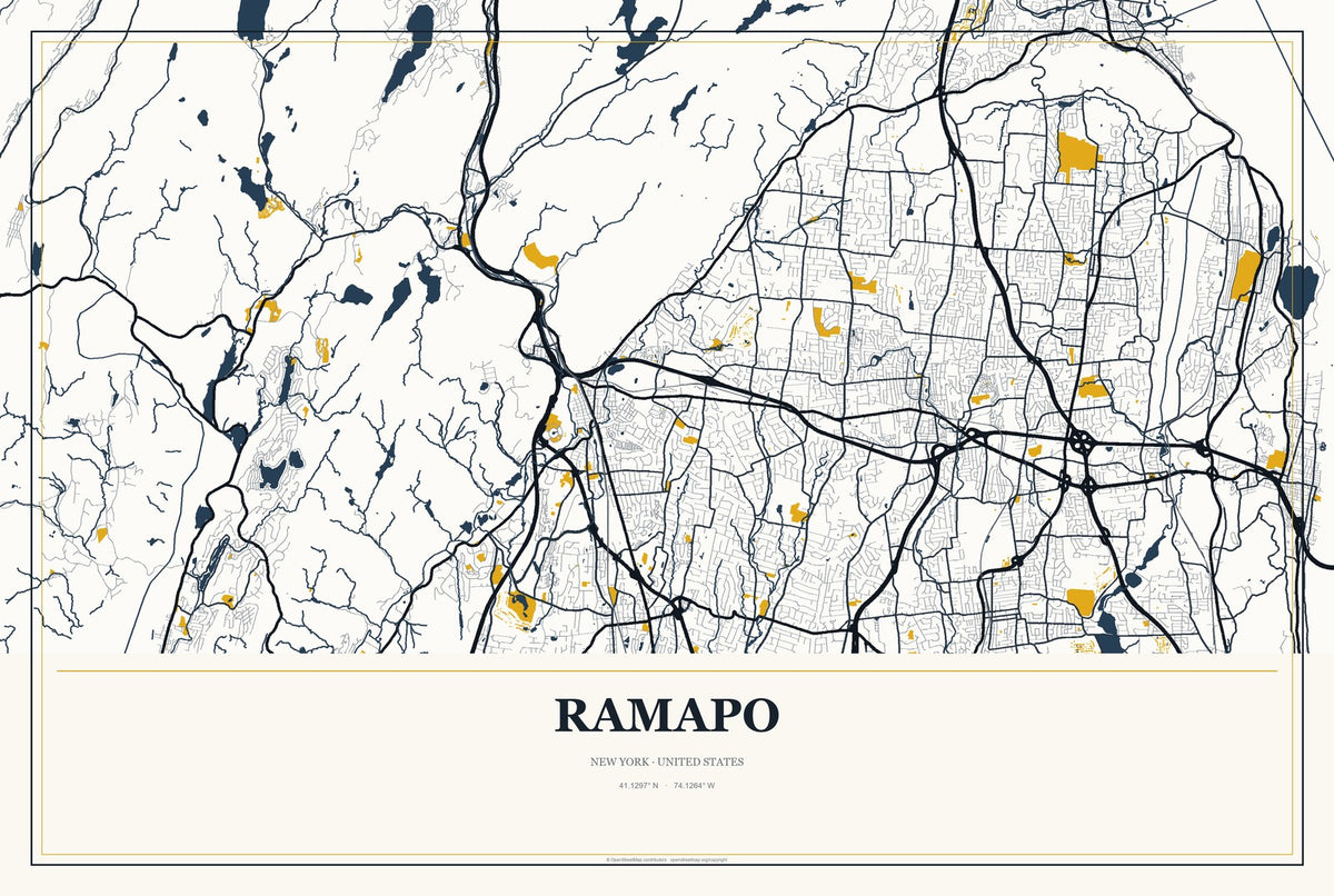 Ramapo, New York City Map Aluminum Sign in Citrine Modern style