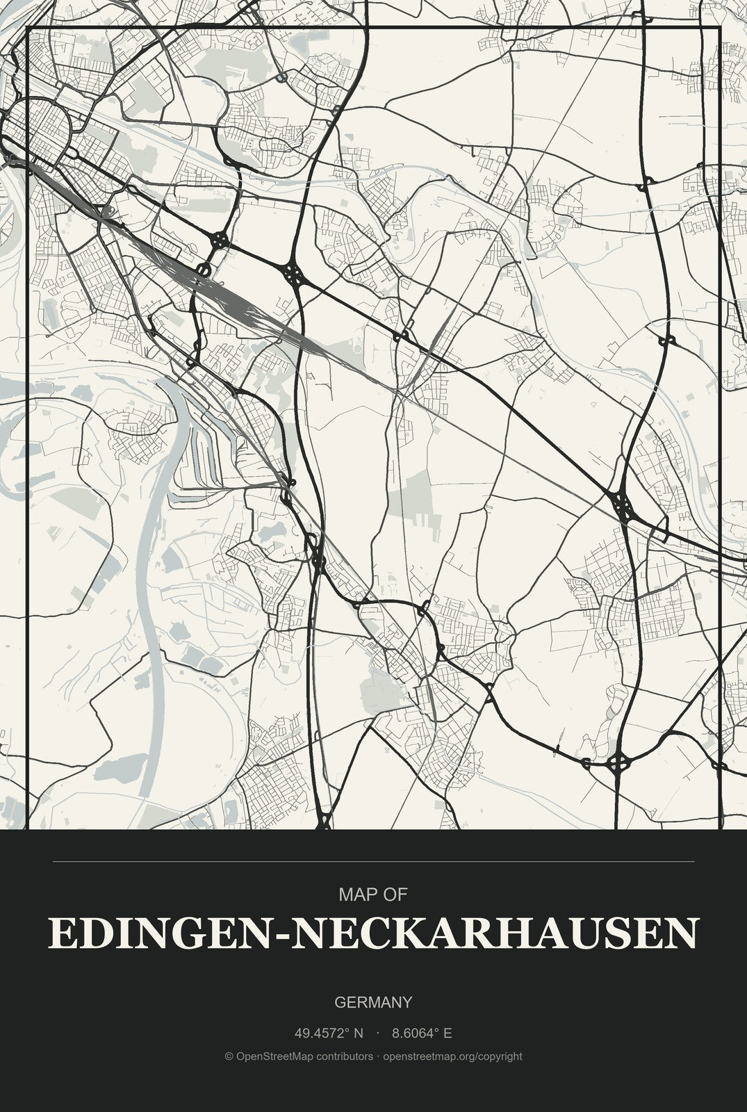 Edingen-Neckarhausen, Germany City Map Aluminum Sign in Museum Plaque style