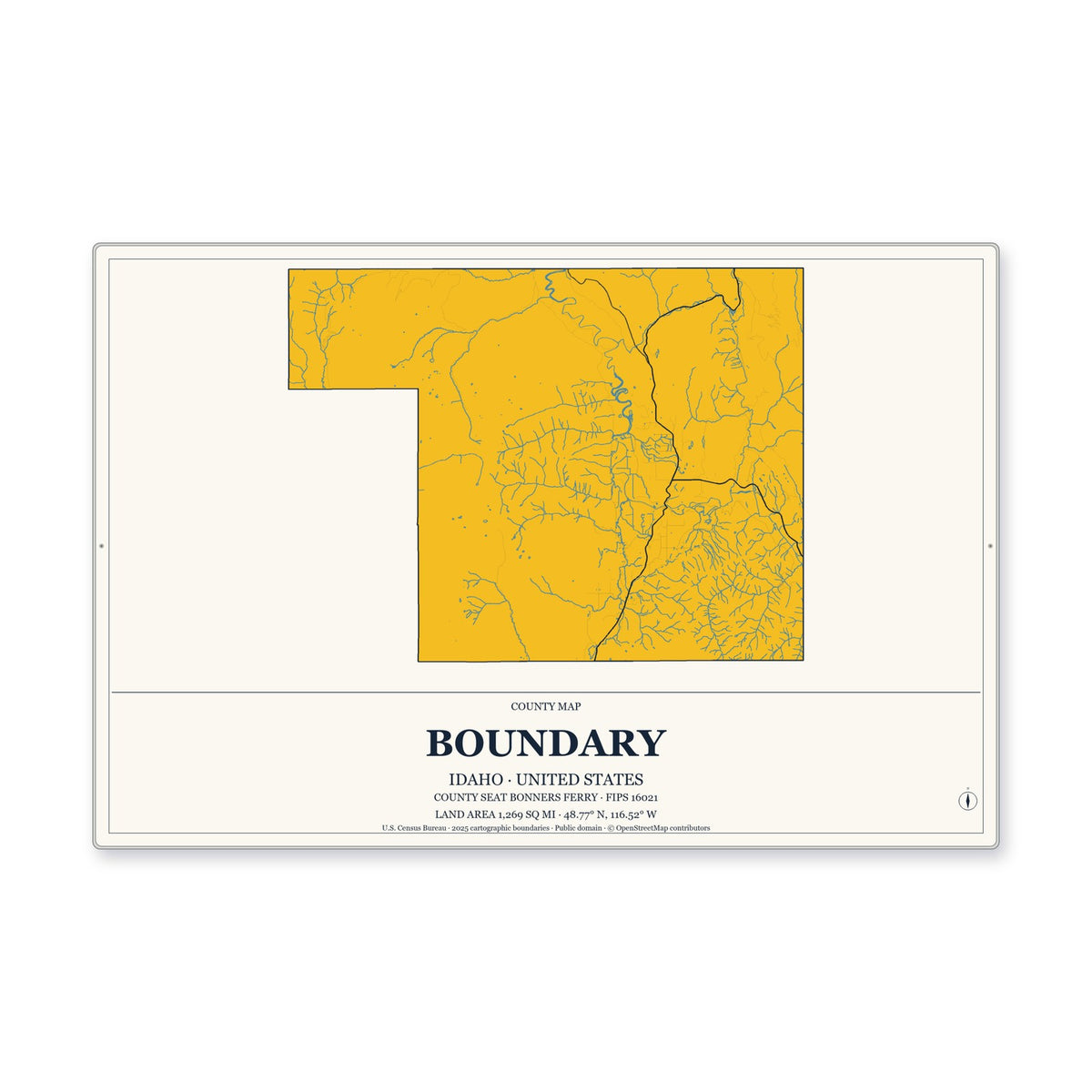 Boundary County, Idaho Map Aluminum Sign in Citrine Modern style