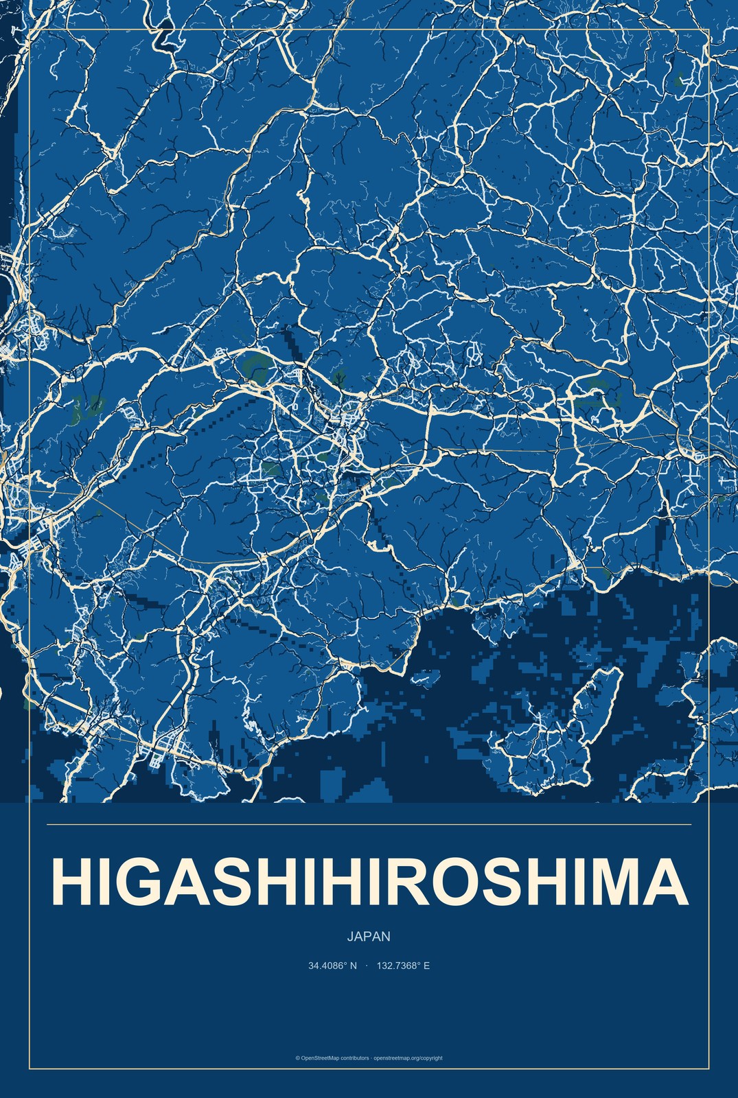 Higashihiroshima, Japan City Map Aluminum Sign in Harbor Cobalt style