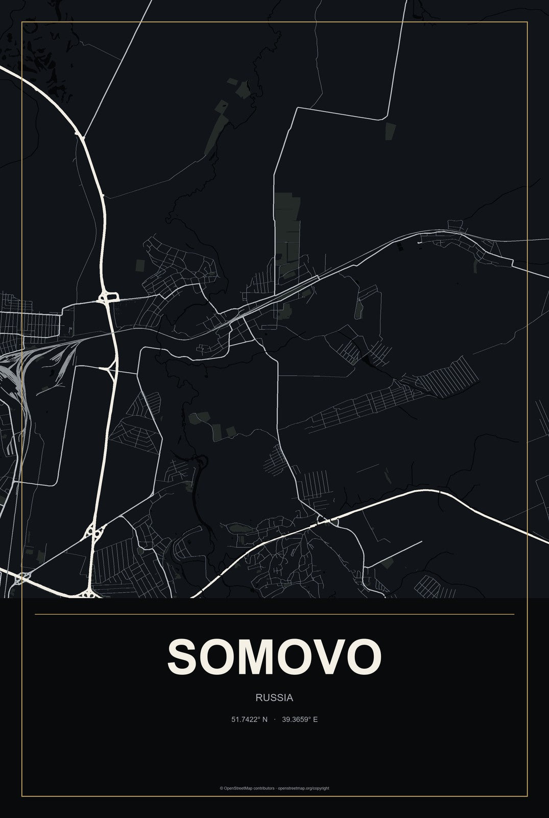 Somovo, Russia City Map Aluminum Sign in Metropolitan Noir style