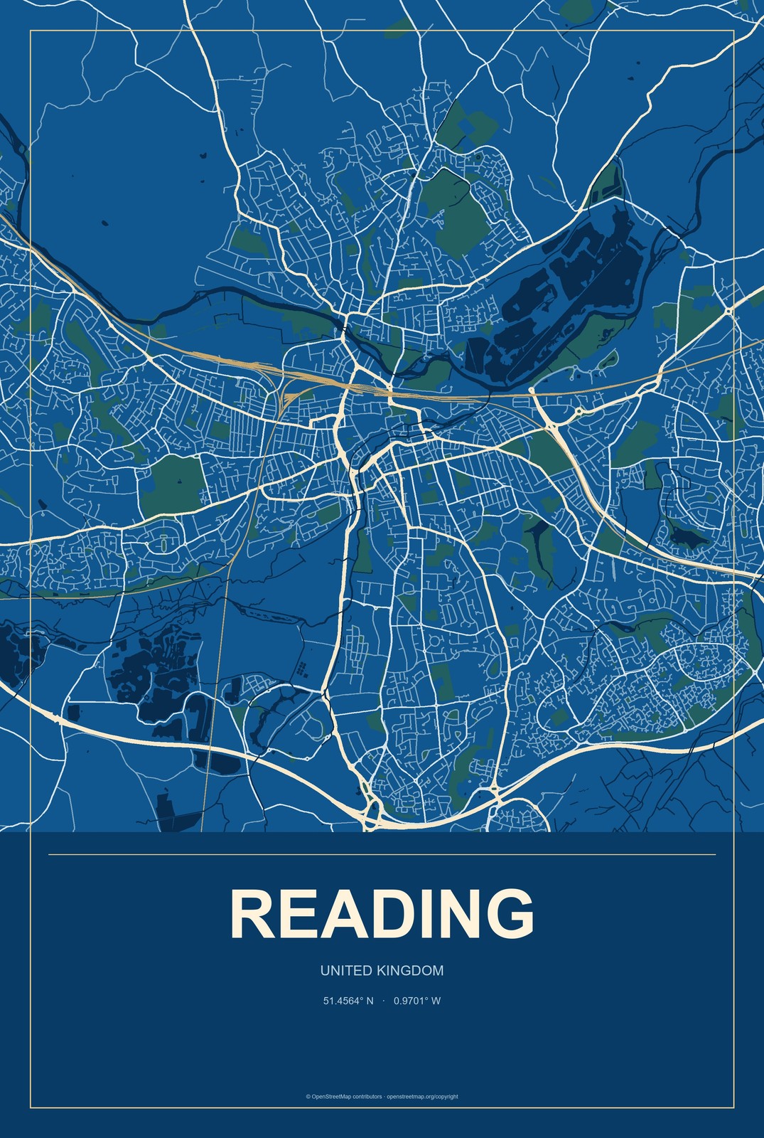 Reading, United Kingdom City Map Aluminum Sign in Harbor Cobalt style