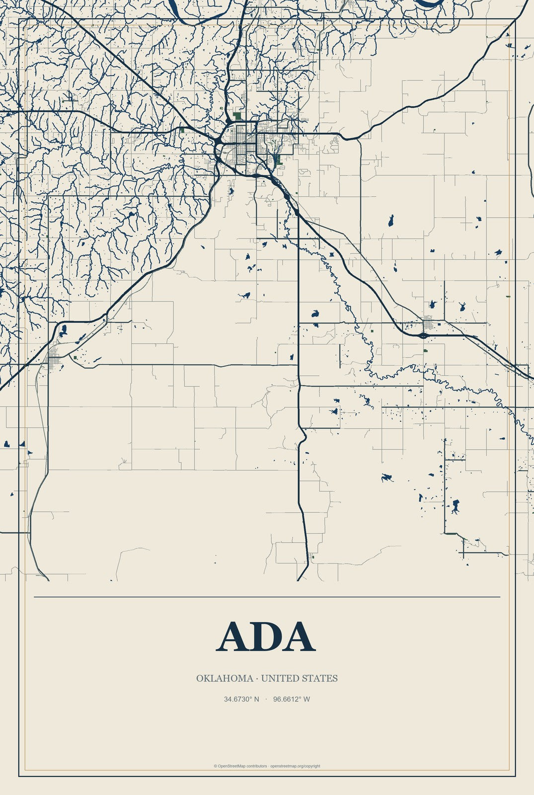 Ada, Oklahoma City Map Aluminum Sign in Coastal Cutout style