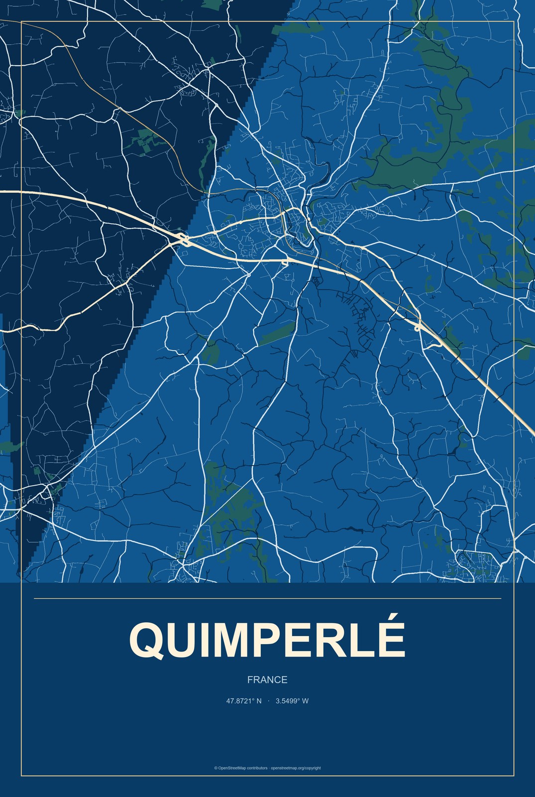 Quimperlé, France City Map Aluminum Sign in Harbor Cobalt style
