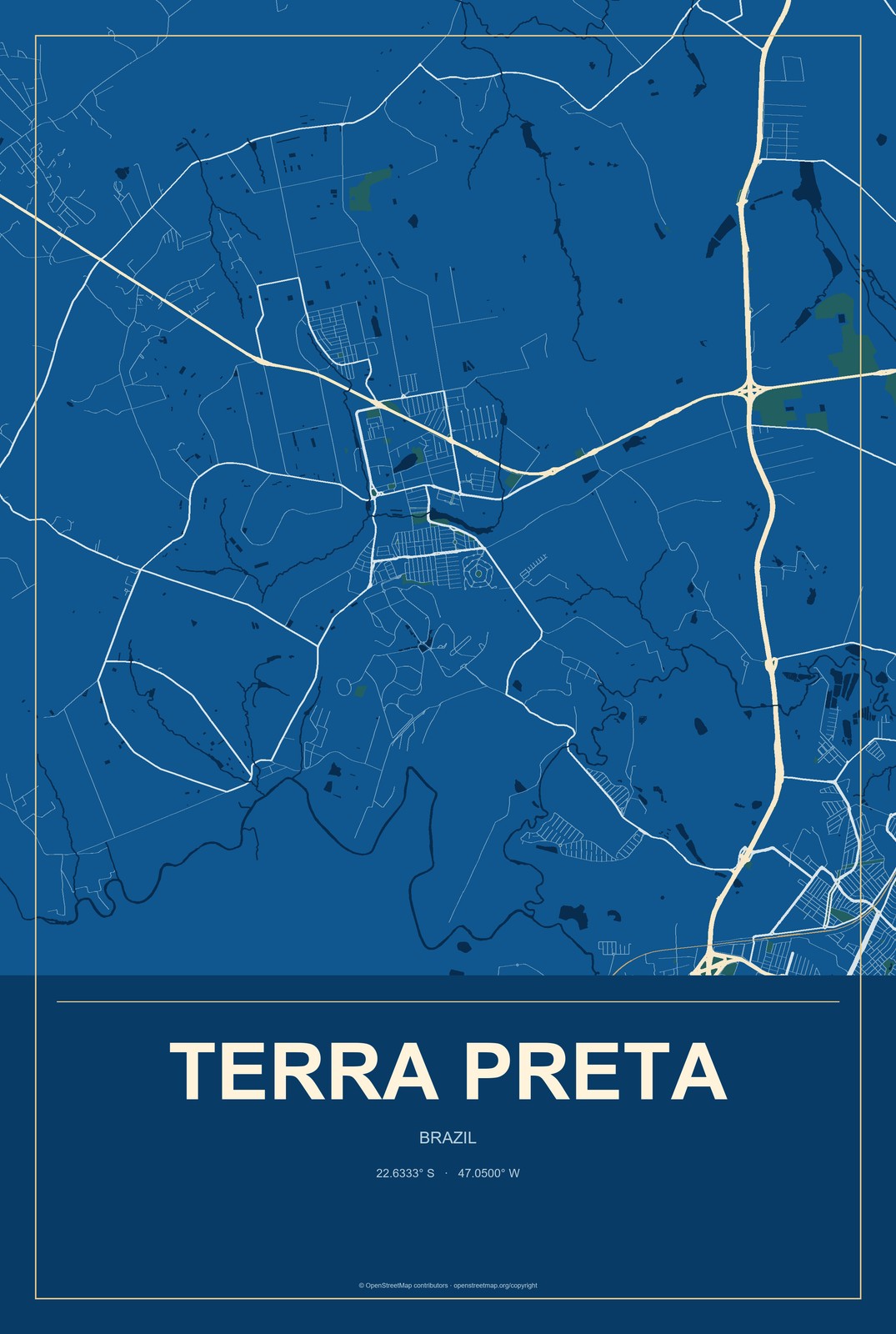 Terra Preta, Brazil City Map Aluminum Sign in Harbor Cobalt style