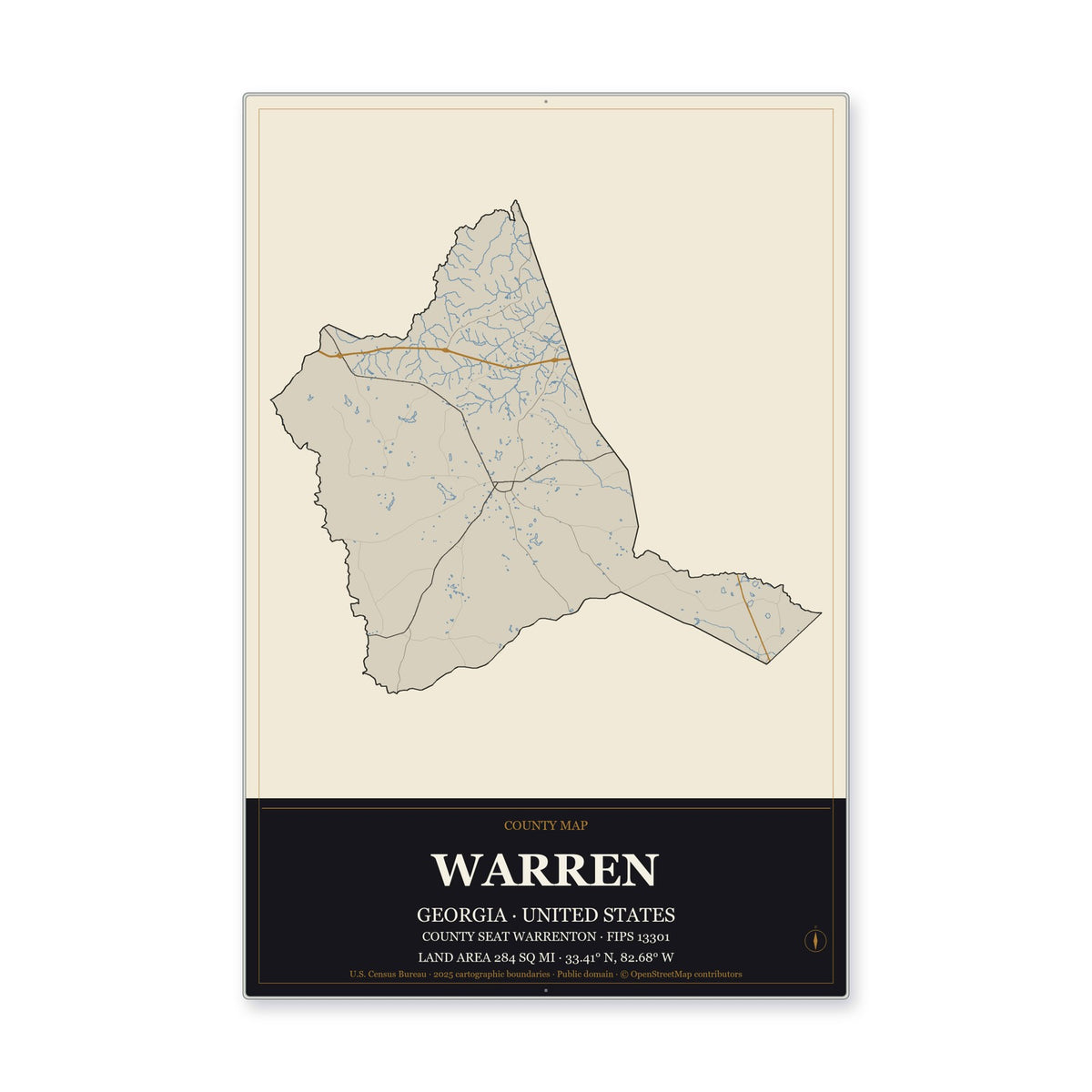 Warren County, Georgia Map Aluminum Sign in Museum Plaque style