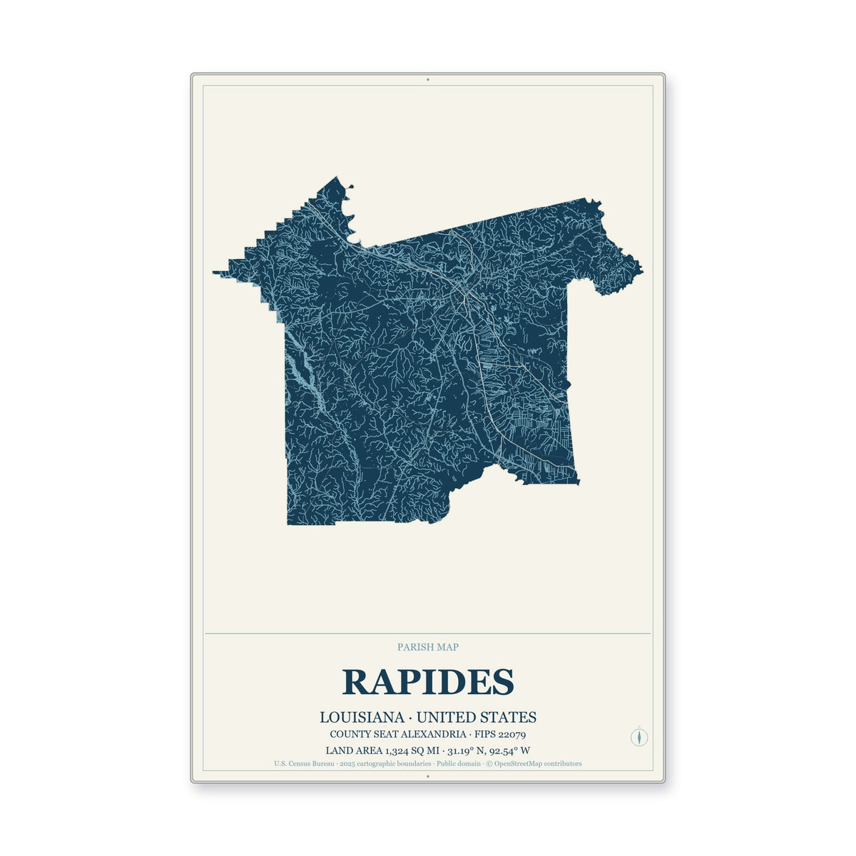 Rapides Parish, Louisiana Map Aluminum Sign in Coastal Cutout style