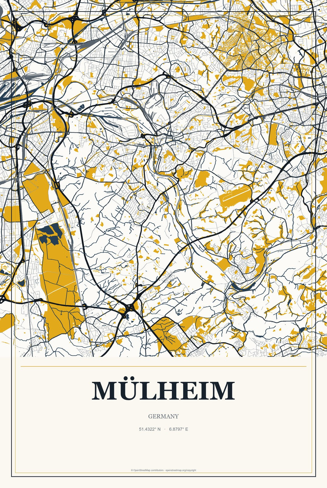 Mülheim, Germany City Map Aluminum Sign in Citrine Modern style