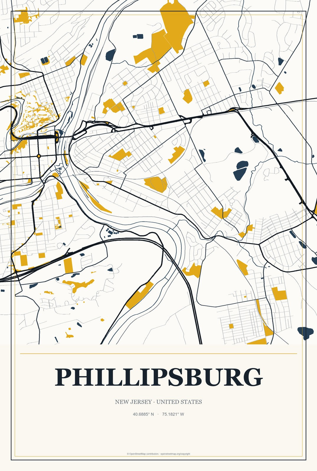 Phillipsburg, New Jersey City Map Aluminum Sign in Citrine Modern style