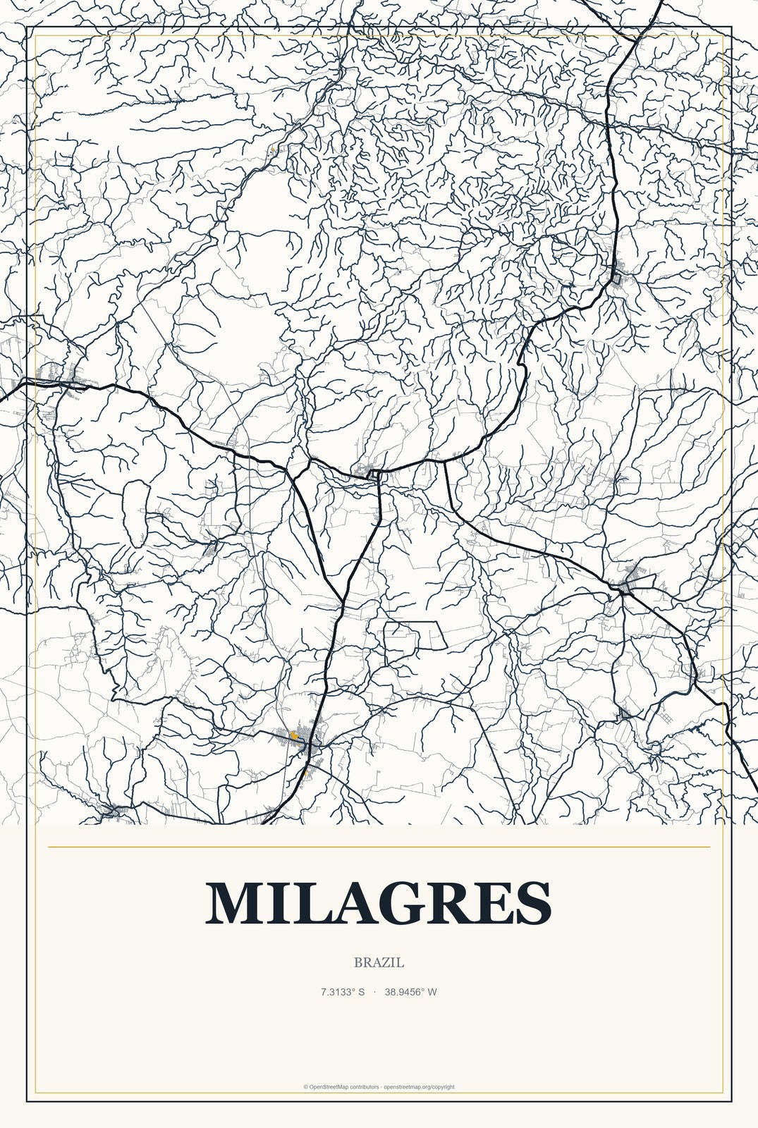 Milagres, Ceará, Brazil City Map Aluminum Sign in Citrine Modern style