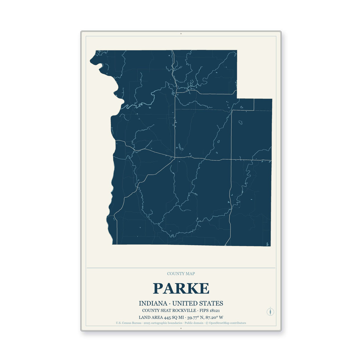 Parke County, Indiana Map Aluminum Sign in Coastal Cutout style