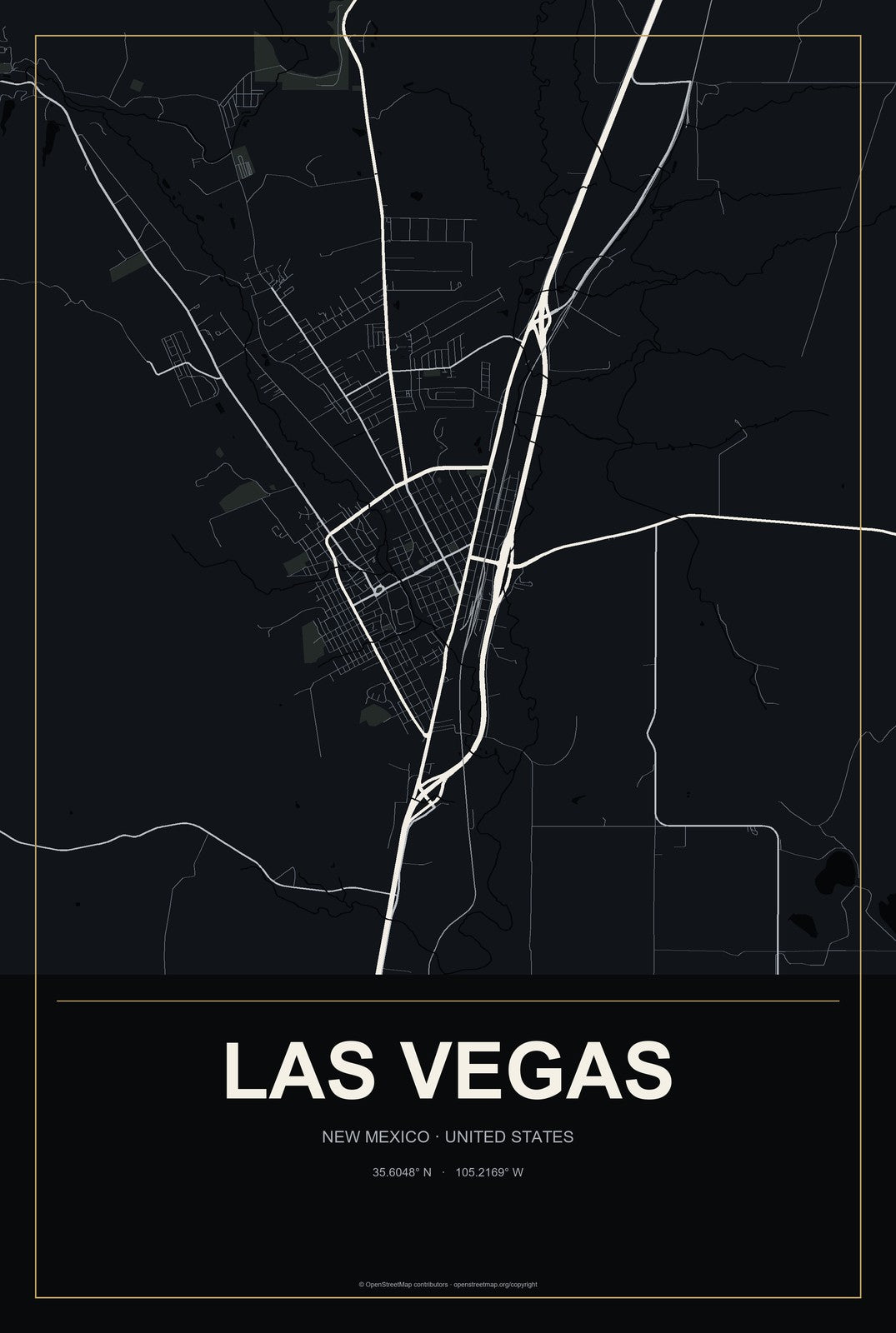 Las Vegas, New Mexico City Map Aluminum Sign in Metropolitan Noir style