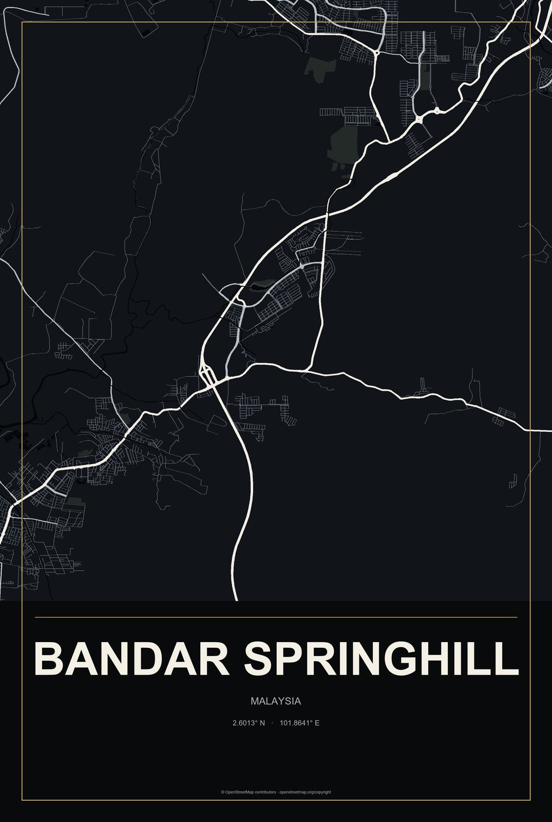 Bandar Springhill, Malaysia City Map Aluminum Sign in Metropolitan Noir style
