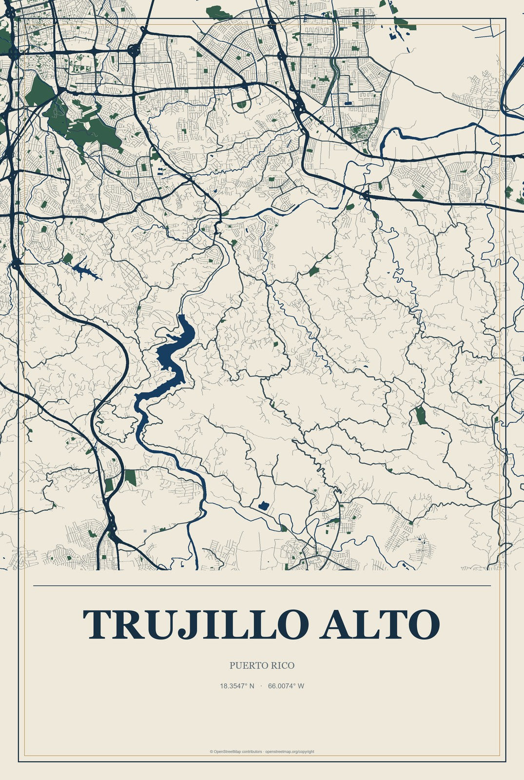 Trujillo Alto, Puerto Rico City Map Aluminum Sign in Coastal Cutout style