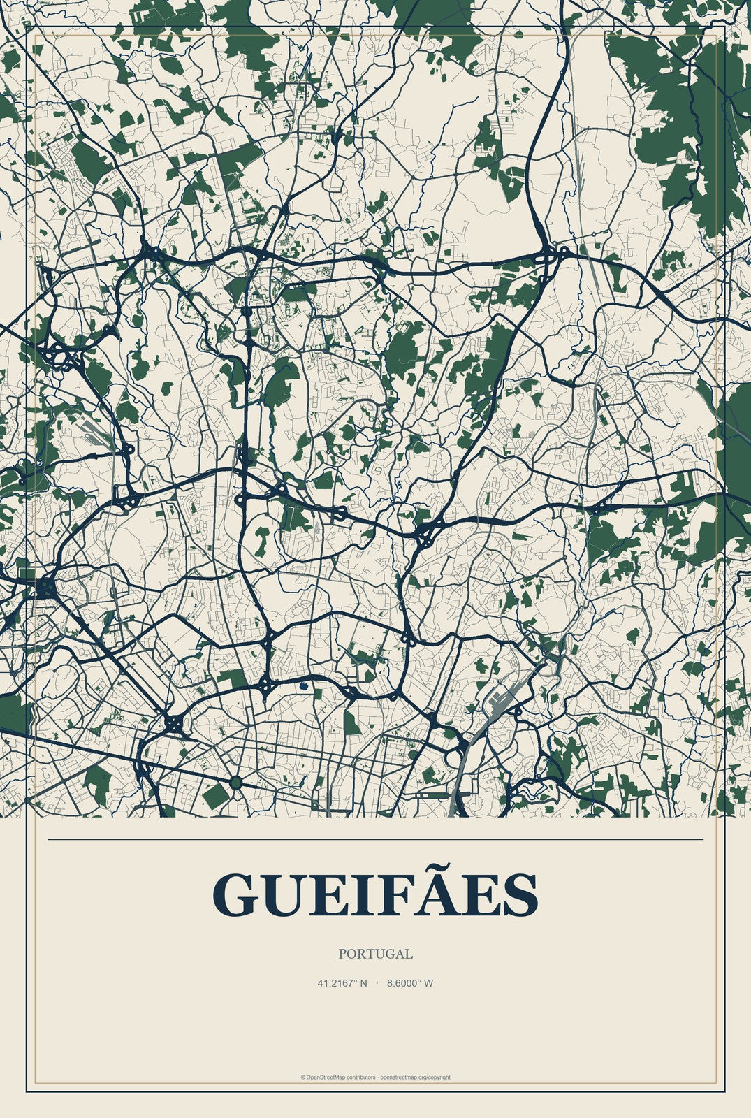 Gueifães, Portugal City Map Aluminum Sign in Coastal Cutout style