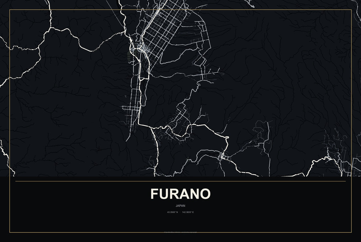 Furano, Japan City Map Aluminum Sign in Metropolitan Noir style