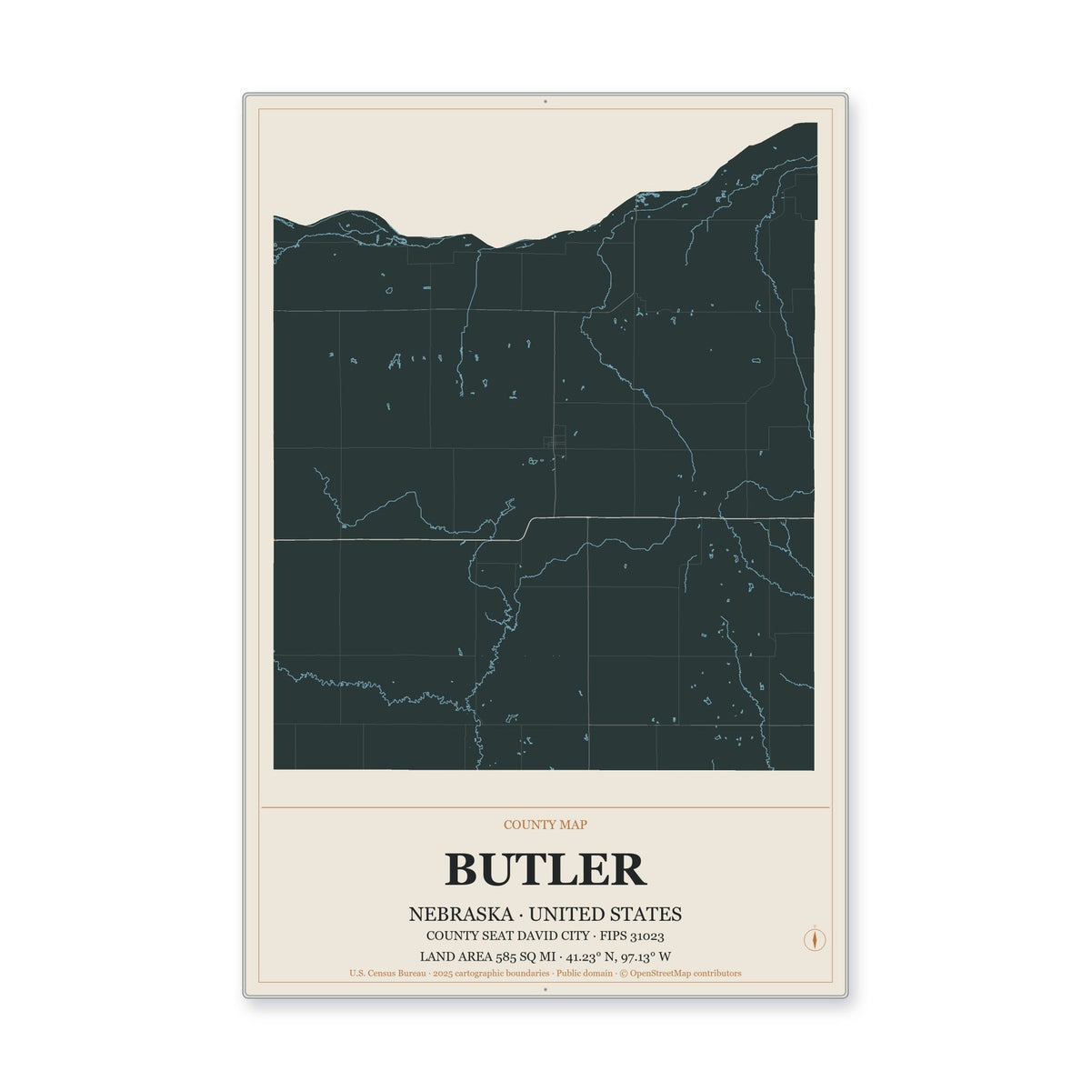 Butler County, Nebraska Map Aluminum Sign in Headline Atlas style