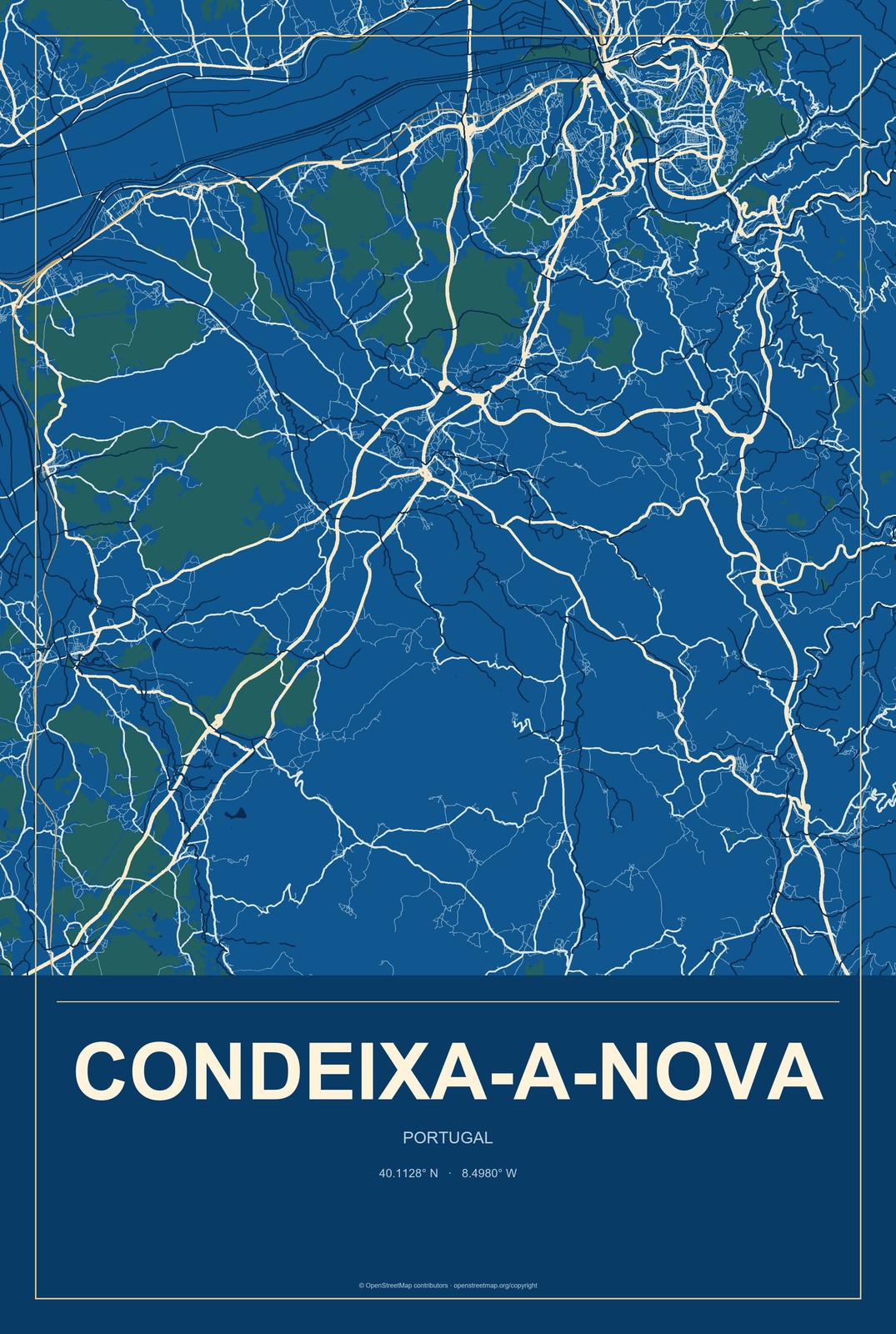 Condeixa-a-Nova, Portugal City Map Aluminum Sign in Harbor Cobalt style