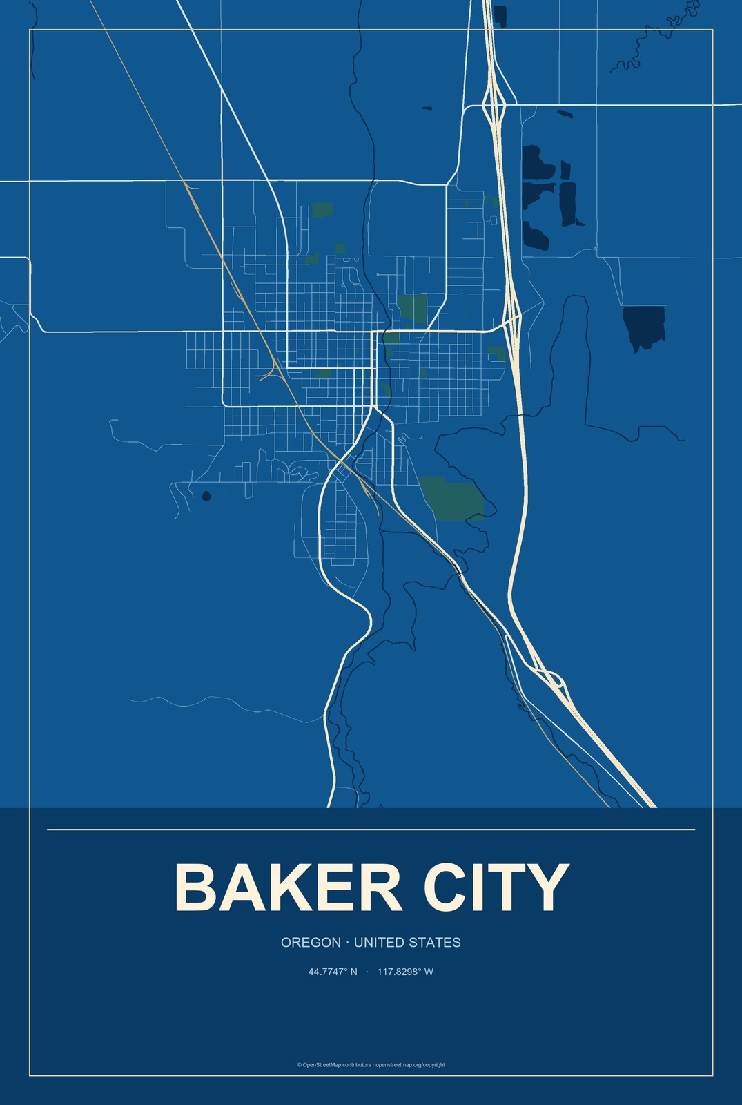 Baker City, Oregon City Map Aluminum Sign in Harbor Cobalt style