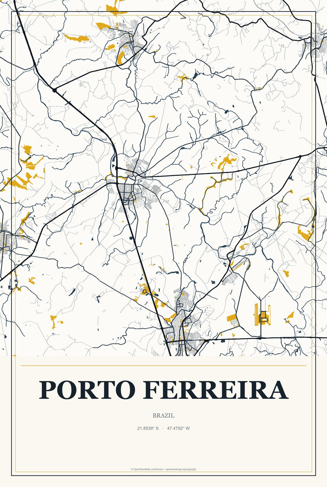 Porto Ferreira, Brazil City Map Aluminum Sign in Citrine Modern style