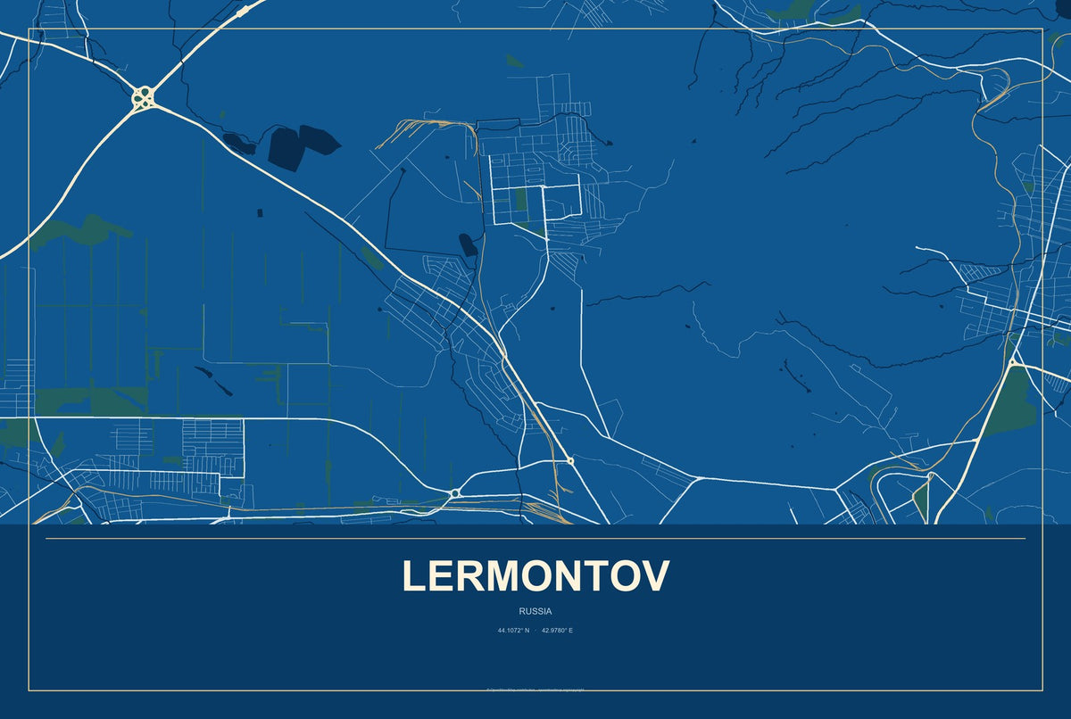 Lermontov, Russia City Map Aluminum Sign in Harbor Cobalt style