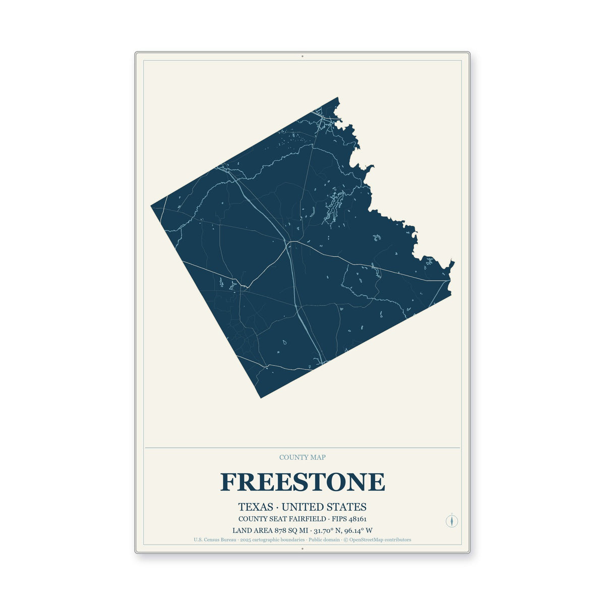 Freestone County, Texas Map Aluminum Sign in Coastal Cutout style