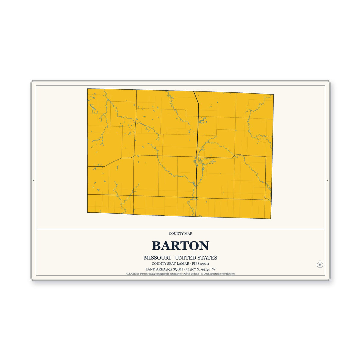 Barton County, Missouri Map Aluminum Sign in Citrine Modern style