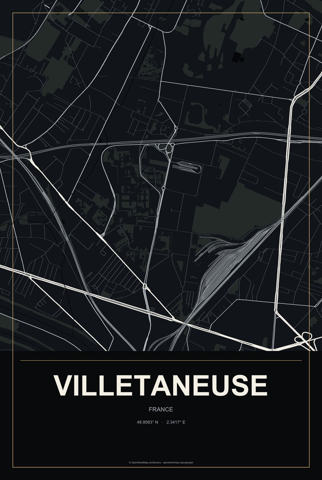 Villetaneuse, France City Map Aluminum Sign in Metropolitan Noir style