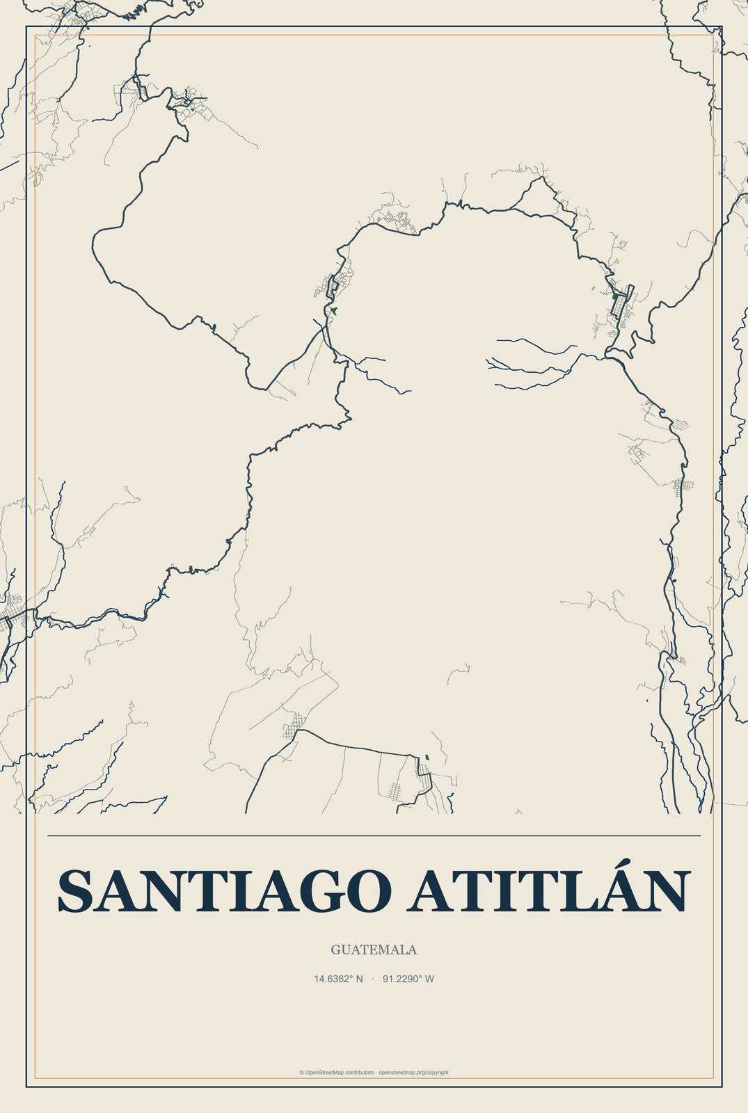 Santiago Atitlán, Guatemala City Map Aluminum Sign in Coastal Cutout style