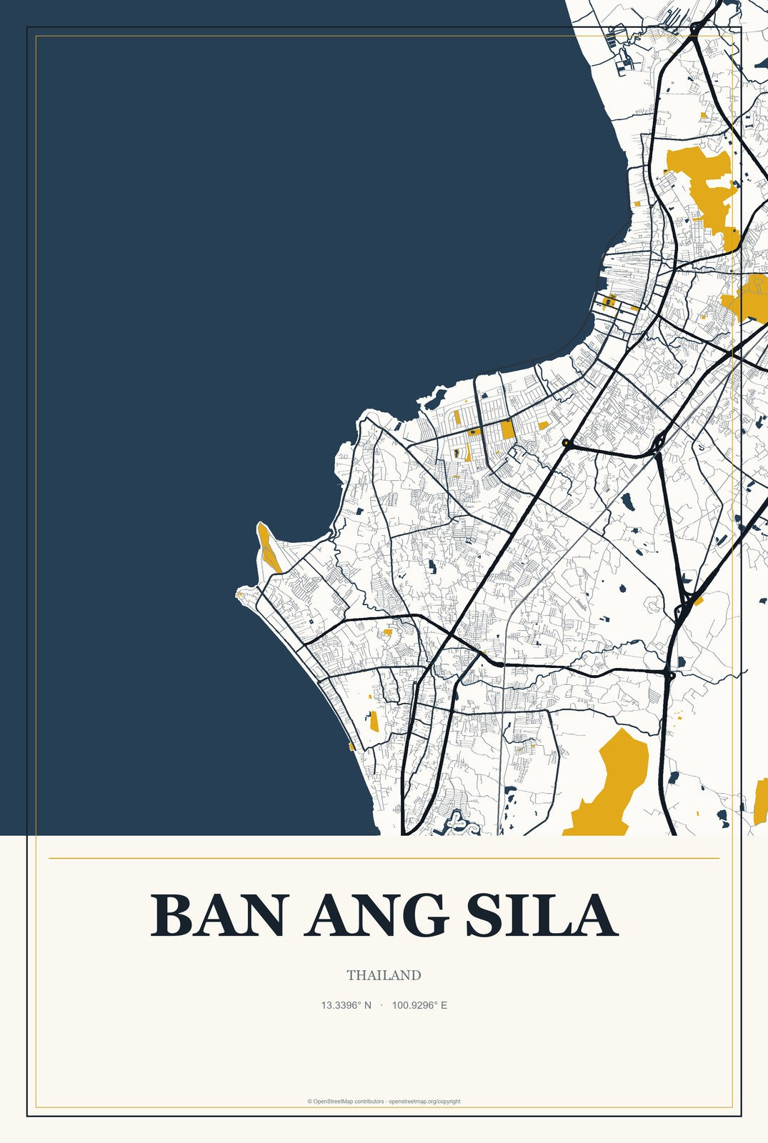 Ban Ang Sila, Thailand City Map Aluminum Sign in Citrine Modern style