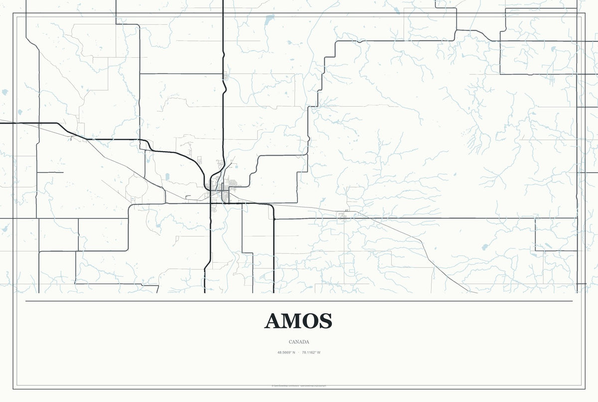 Amos, Canada City Map Aluminum Sign in Gallery Air style