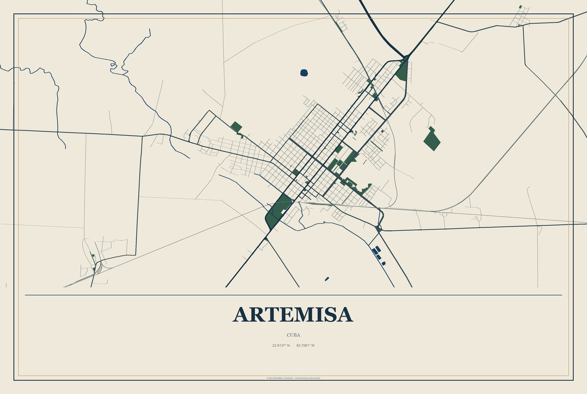Artemisa, Cuba City Map Aluminum Sign in Coastal Cutout style
