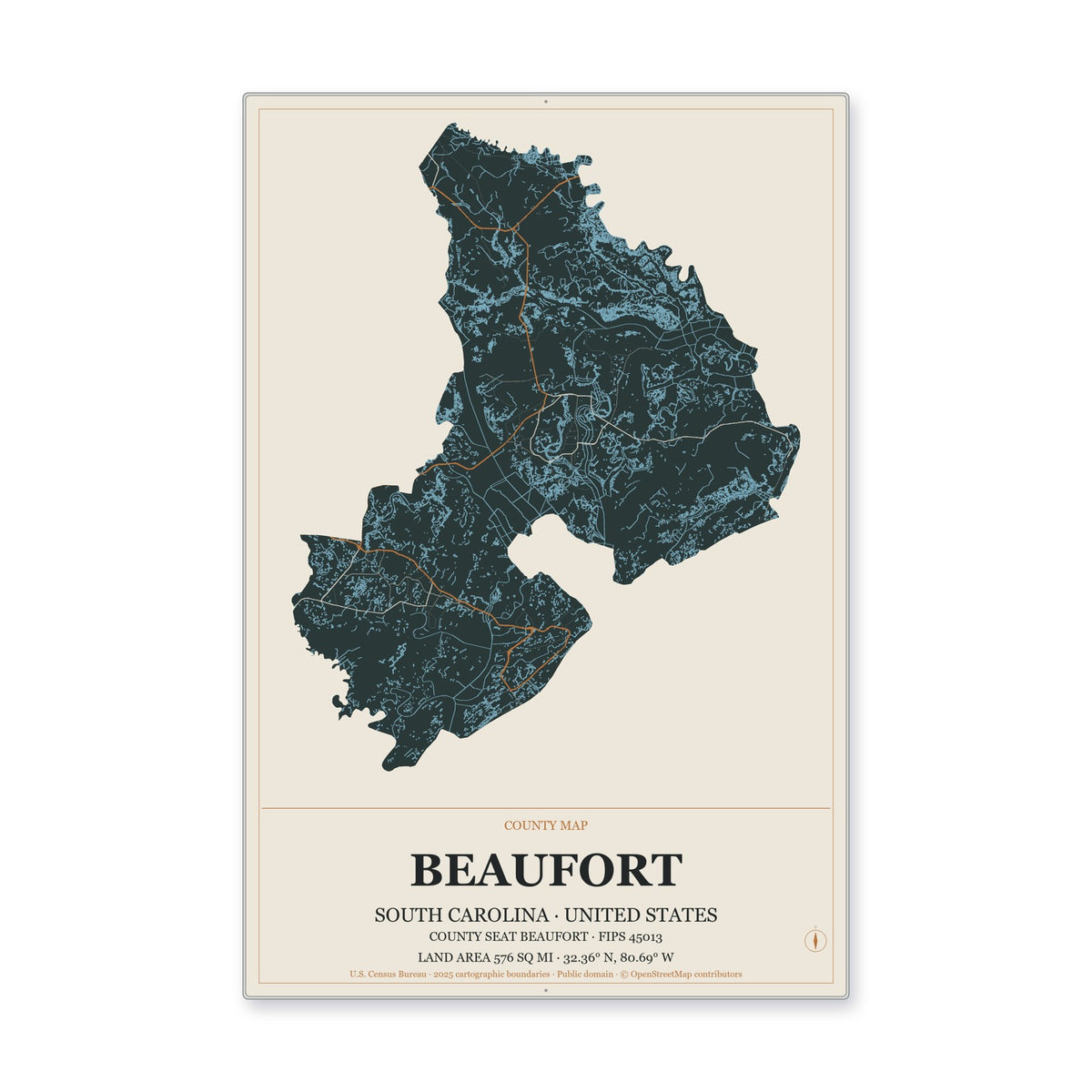 Beaufort County, South Carolina Map Aluminum Sign in Headline Atlas style