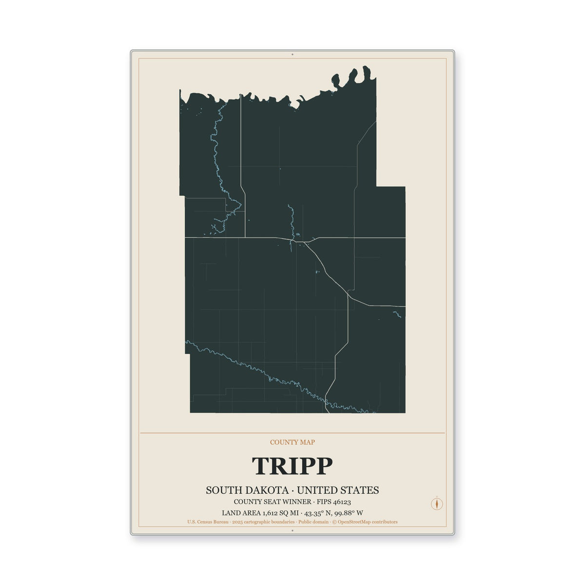 Tripp County, South Dakota Map Aluminum Sign in Headline Atlas style
