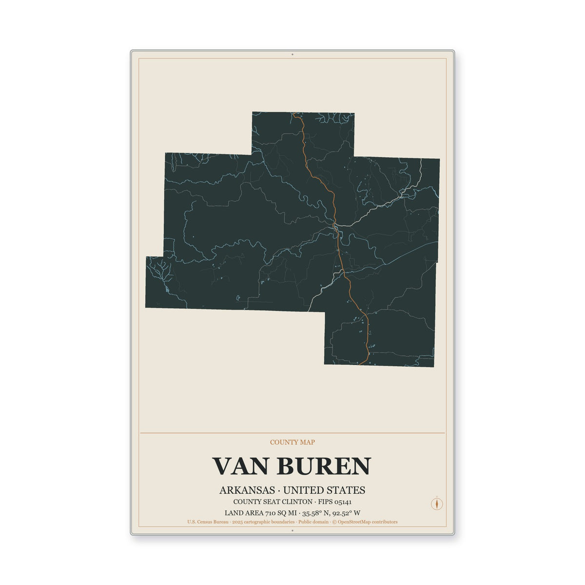 Van Buren County, Arkansas Map Aluminum Sign in Headline Atlas style