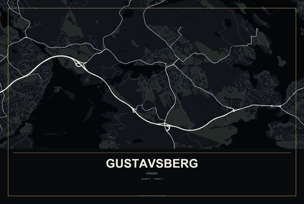 Gustavsberg, Sweden City Map Aluminum Sign in Metropolitan Noir style