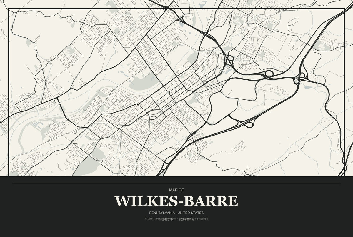 Wilkes-Barre, Pennsylvania City Map Aluminum Sign in Museum Plaque style