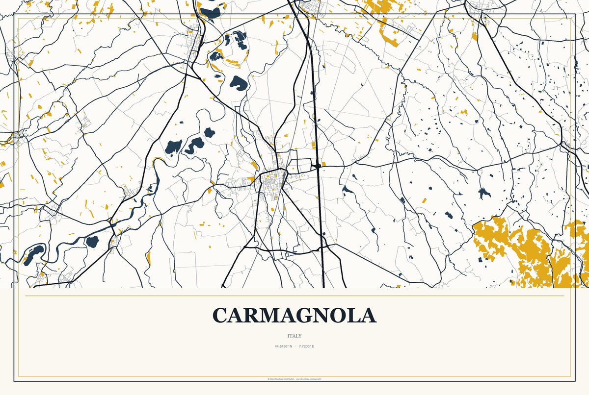 Carmagnola, Italy City Map Aluminum Sign in Citrine Modern style