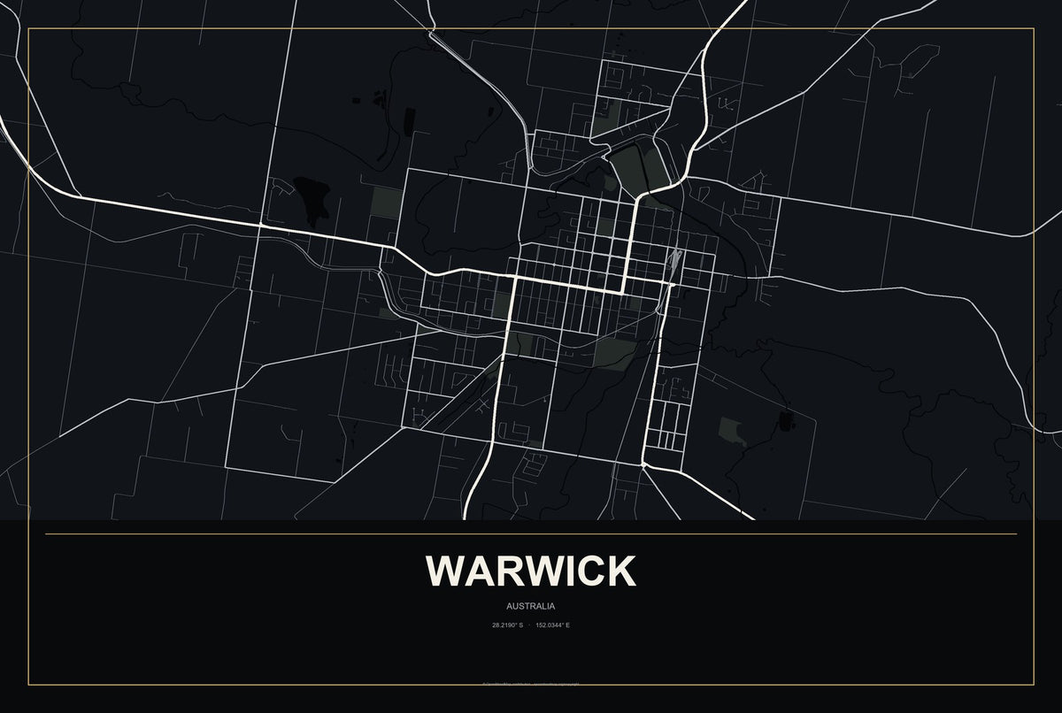 Warwick, Australia City Map Aluminum Sign in Metropolitan Noir style