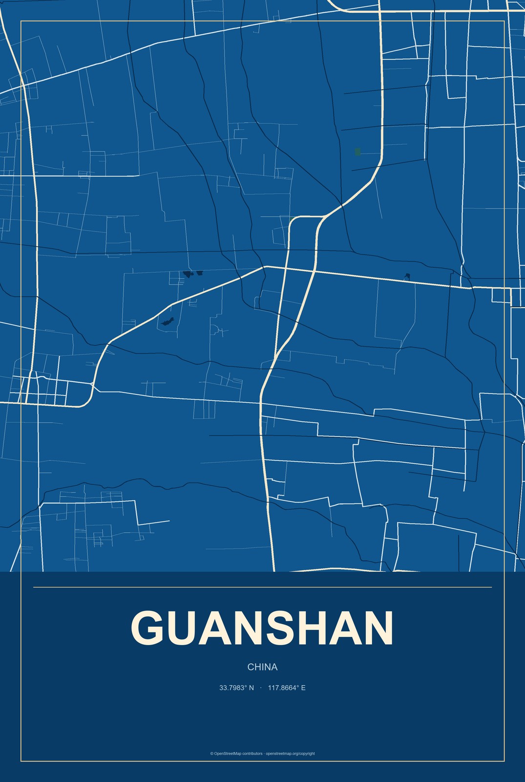 Guanshan, China City Map Aluminum Sign in Harbor Cobalt style