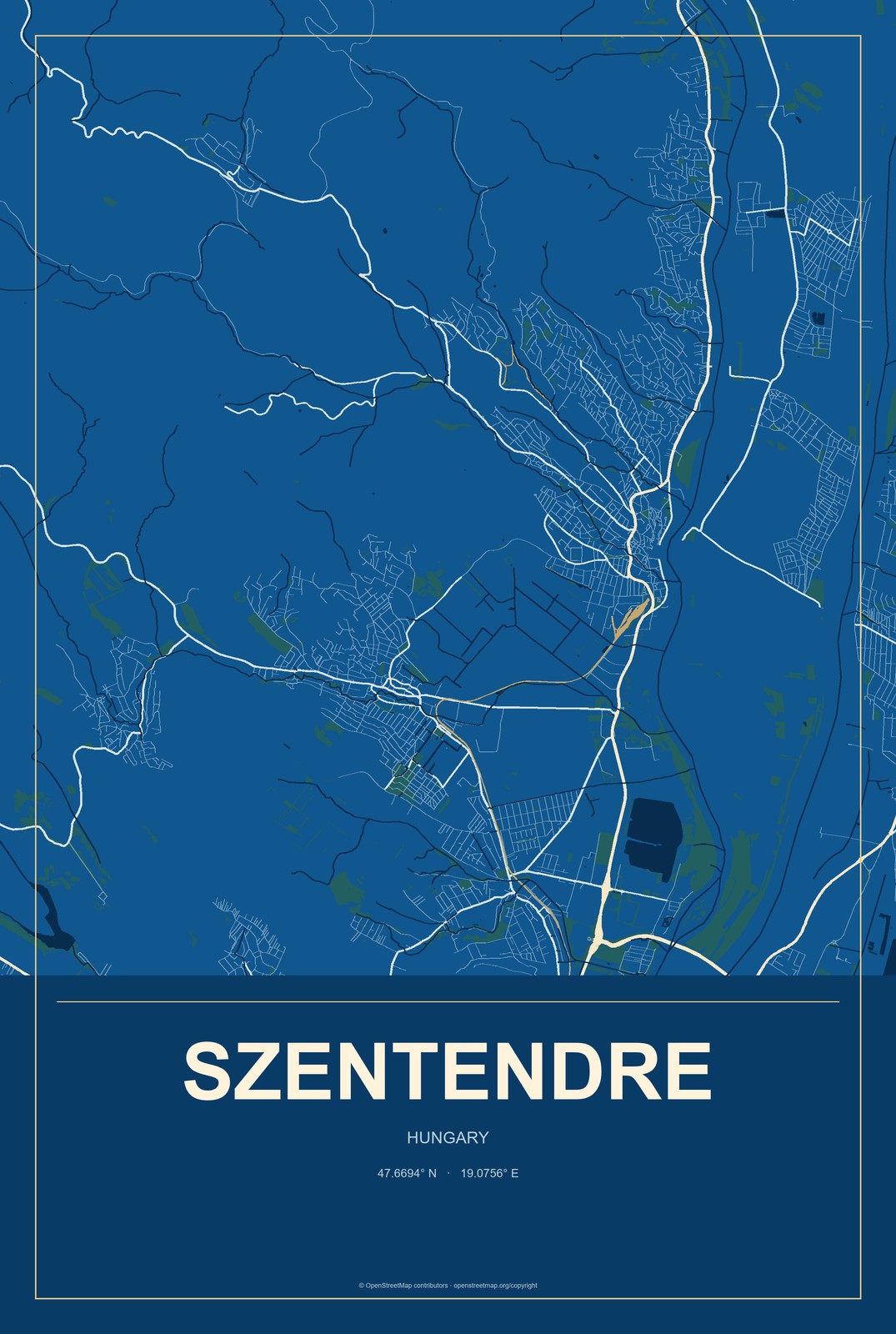 Szentendre, Hungary City Map Aluminum Sign in Harbor Cobalt style