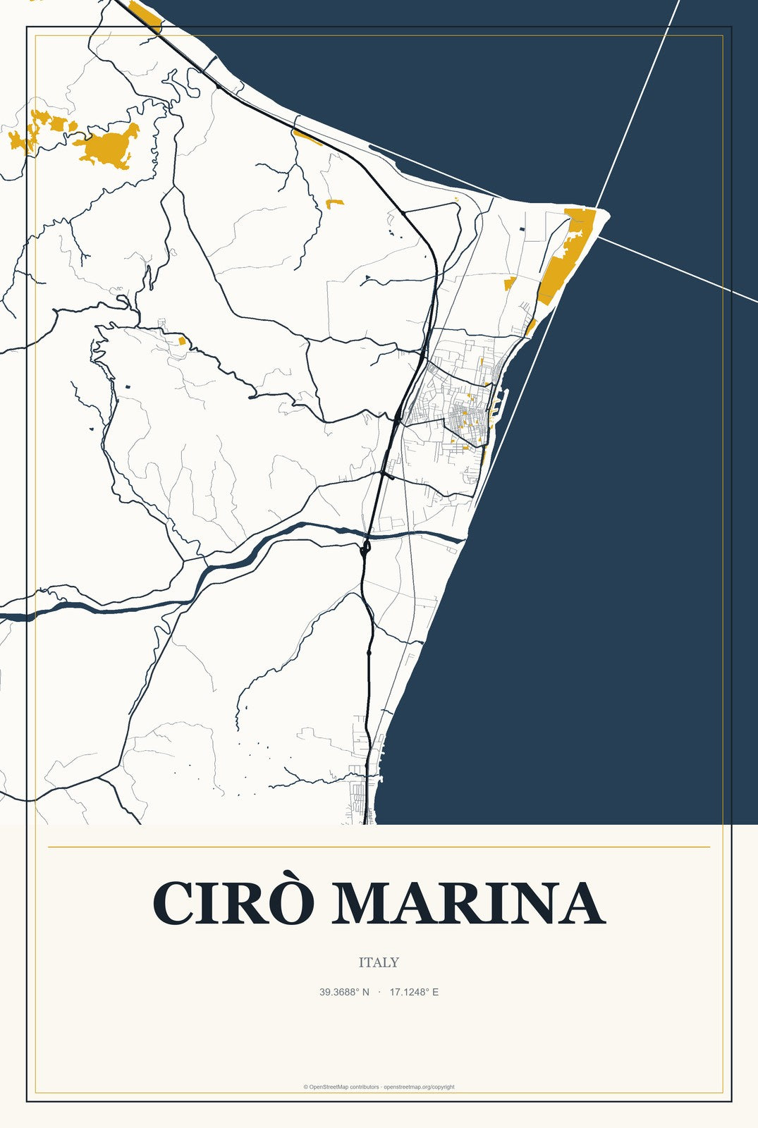 Cirò Marina, Italy City Map Aluminum Sign in Citrine Modern style